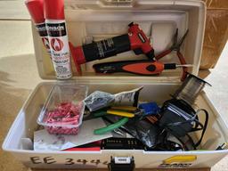 Plano tackle box with small hand propane torch and a small soldering iron.