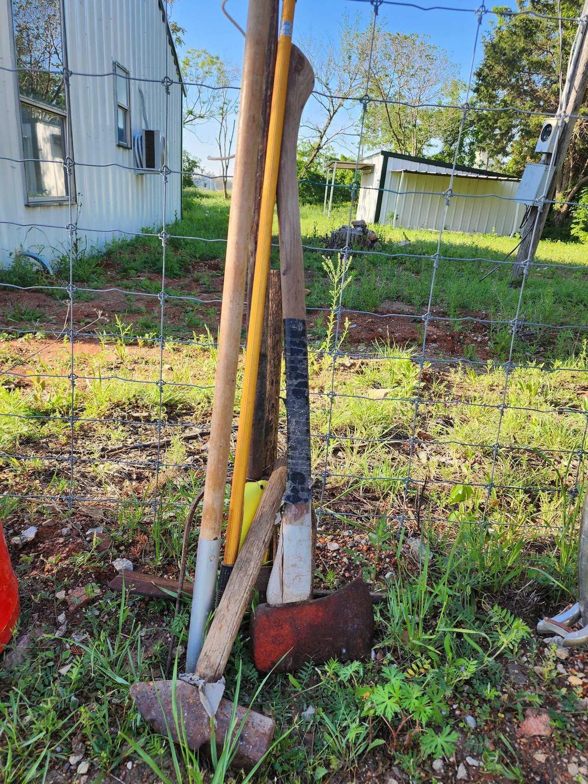 Garden tools... Pitchfork, axe, sledge hammer, etc. Used.
