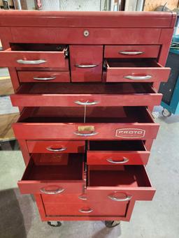 Two set red steel Proto 19 drawer tool chest. Used. 28" x 60" x 18".