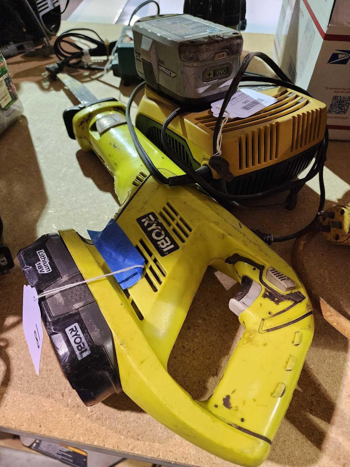 RYOBI battery reciprocating saw with charger and two batteries. Used.