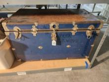 Large blue metal steamer trunk 40" x 22 1/2" x 22" with beer making equipment inside