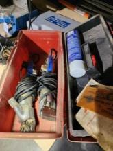 Plastic tool box with two electric sheep shears and a can of blade cool lube. Used. One works, one