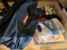 Plastic tub of miscellaneous items, and large RYOBI nylon tool bag.