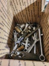 Box of miscellaneous wrenches and sockets. Used.