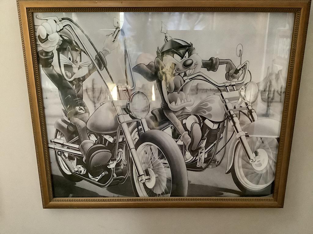 FRAMED PICTURE OF BUGS BUNNY AND TASMANIAN DEVIL ON HARLEY DAVIDSON