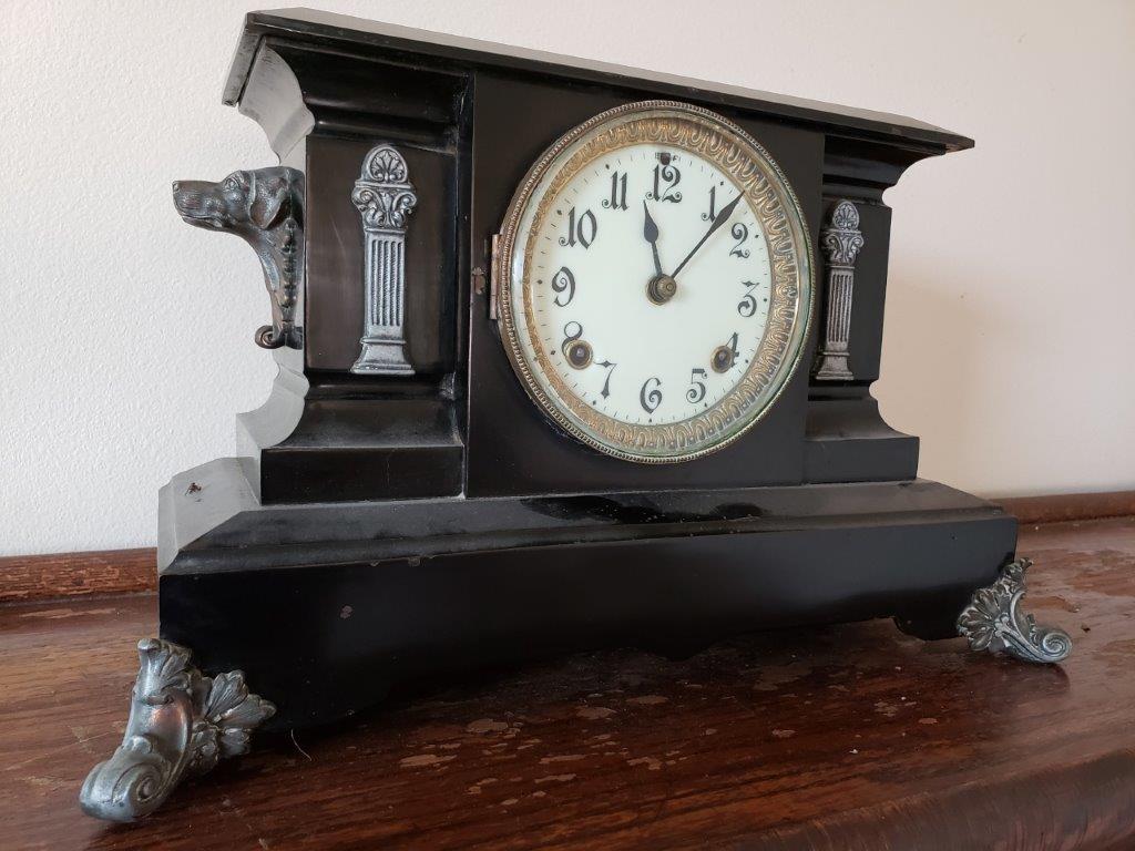 Ornate Ansonia Mantle Clock w/ dog head figures