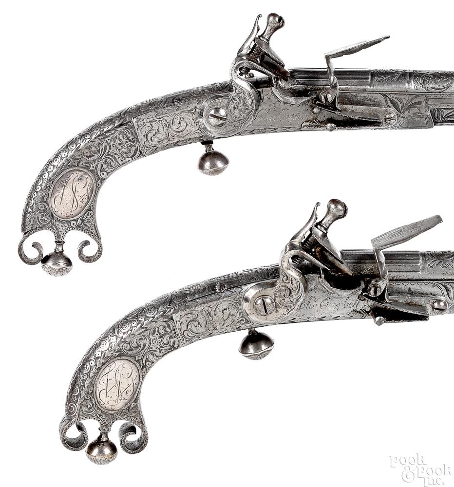 Matched pair of Scottish flintlock pistols