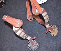 Pair of Spurs With Silver Trim & Leather Straps