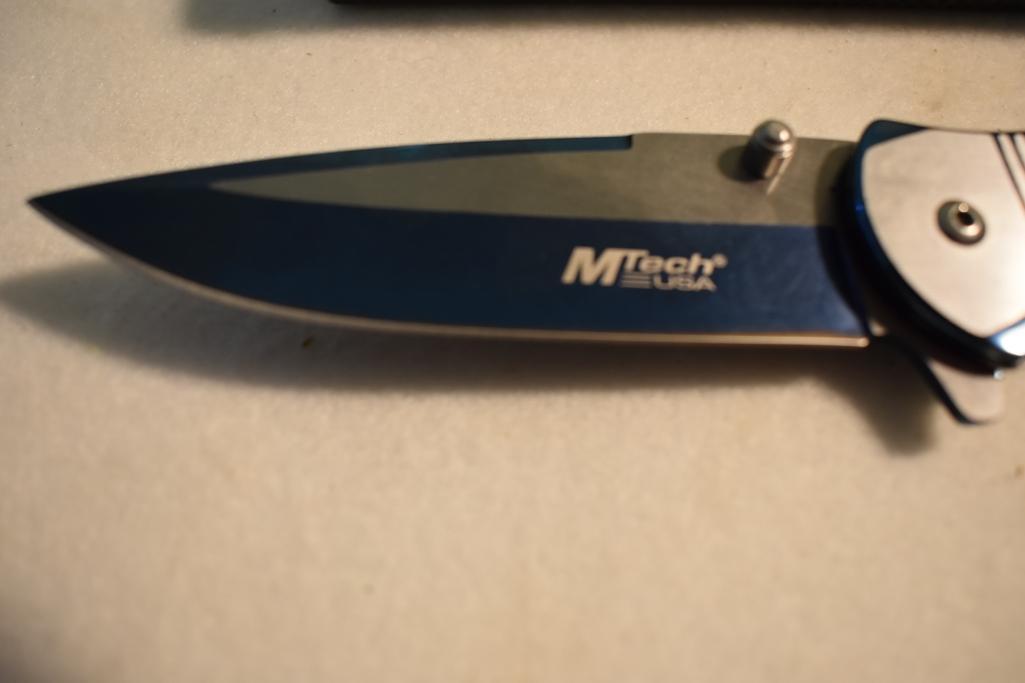 M Tech Folding Knife with pocket clip Blue toned New in Box