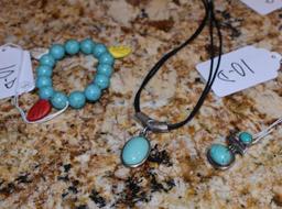 Sterling and Turquoise Pendants; Stamped 925 and one marked & Sgn. EJ; Beaded Bracelet (3 pcs )