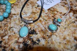 Sterling and Turquoise Pendants; Stamped 925 and one marked & Sgn. EJ; Beaded Bracelet (3 pcs )