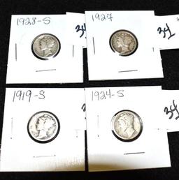 Lot of 4 Mercury Dimes, Various Dates and Conditions