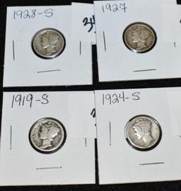 Lot of 4 Mercury Dimes, Various Dates and Conditions