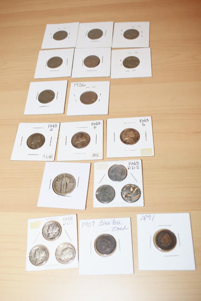 Grouping of US Coins Includes 1943 P-D-S Silver Dimes, Buffalo Nickels, 1907 Indian Head Cent,