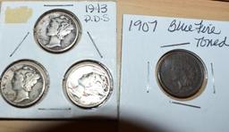 Grouping of US Coins Includes 1943 P-D-S Silver Dimes, Buffalo Nickels, 1907 Indian Head Cent,