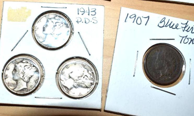 Grouping of US Coins Includes 1943 P-D-S Silver Dimes, Buffalo Nickels, 1907 Indian Head Cent,