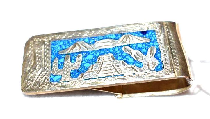 Silver Money Clip with Inlay Chips of Turquoise, Greawt silverwork detail Scene of Cactus/Mts.