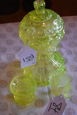 Vintage Vaseline Glassware: 2 Toothpick holders, one footed and pedestal Covered Candy Dish