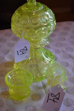 Vintage Vaseline Glassware: 2 Toothpick holders, one footed and pedestal Covered Candy Dish