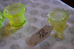 Vintage Vaseline Glassware: 2 Toothpick holders, one footed and pedestal Covered Candy Dish