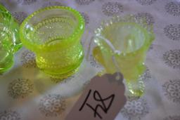 Vintage Vaseline Glassware: 2 Toothpick holders, one footed and pedestal Covered Candy Dish