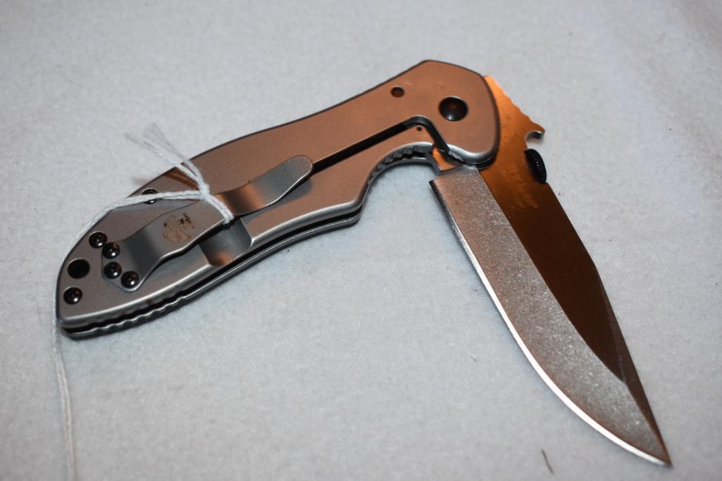 Emerson Knife Design: Kershaw 6034 KAI, finger rest in handle, Thumb rest top of blade, Pkt clip 8"