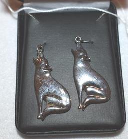 Pair of Sterling Silver Earrings, Coyotes, Wire loop