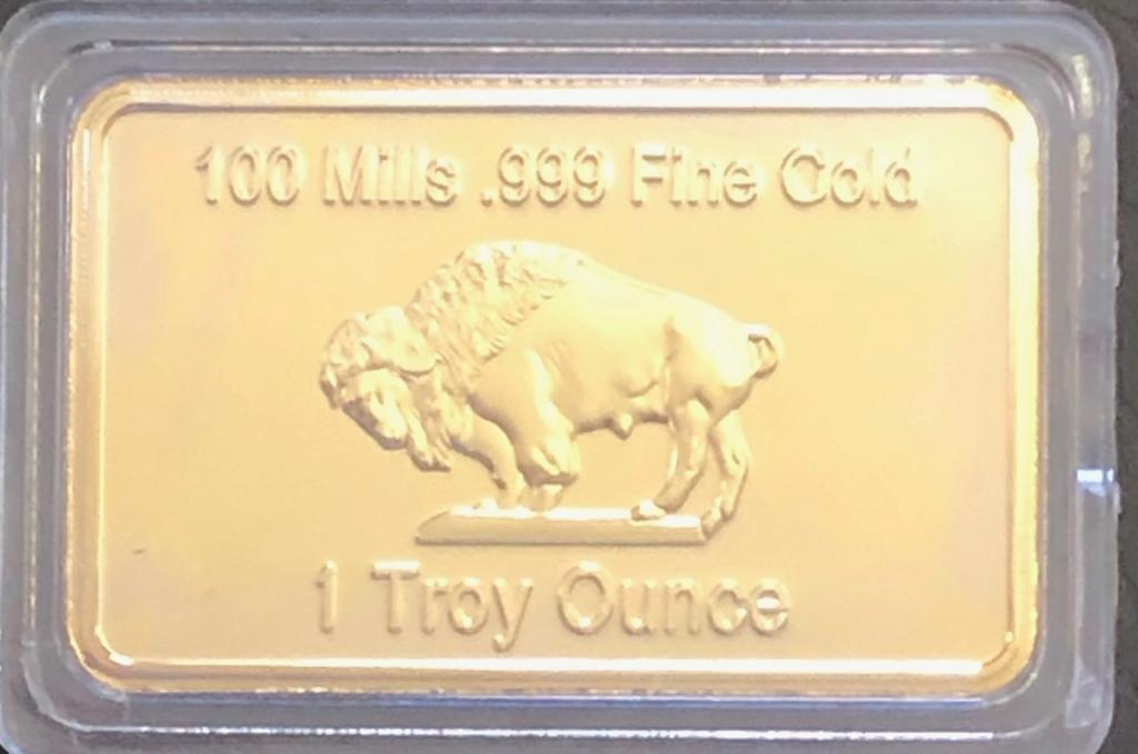 Gold Layered: 1 Bullion 100 Mills .999 Fine Gold 1 Troy Ounce" *As per bar*