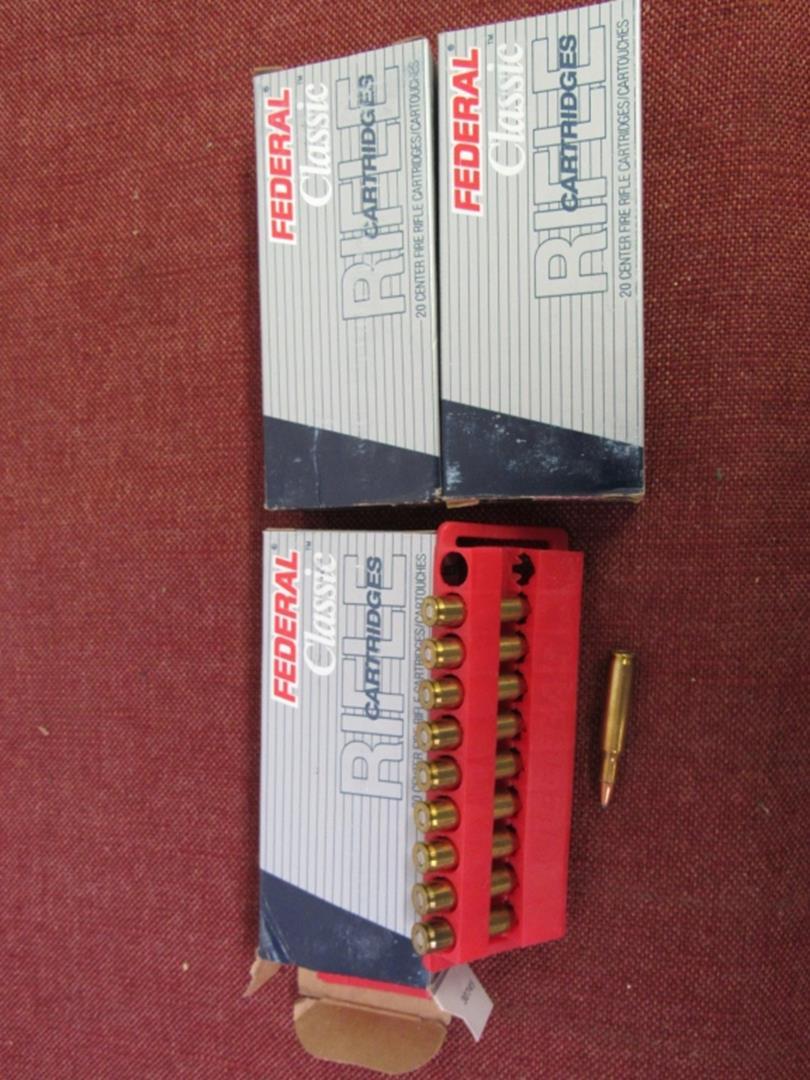 3 boxes of 222 rem. Federal ammo, 20rds/box, by the box
