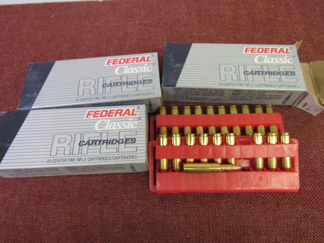 3 boxes of 222 rem. Federal ammo, 20rds/box, by the box