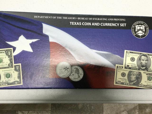 Texas Coin & Currency Set includes 2- 25c, $1, $2, $5 & $10