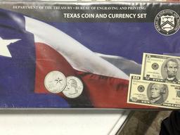 Texas Coin & Currency Set includes 2- 25c, $1, $2, $5 & $10