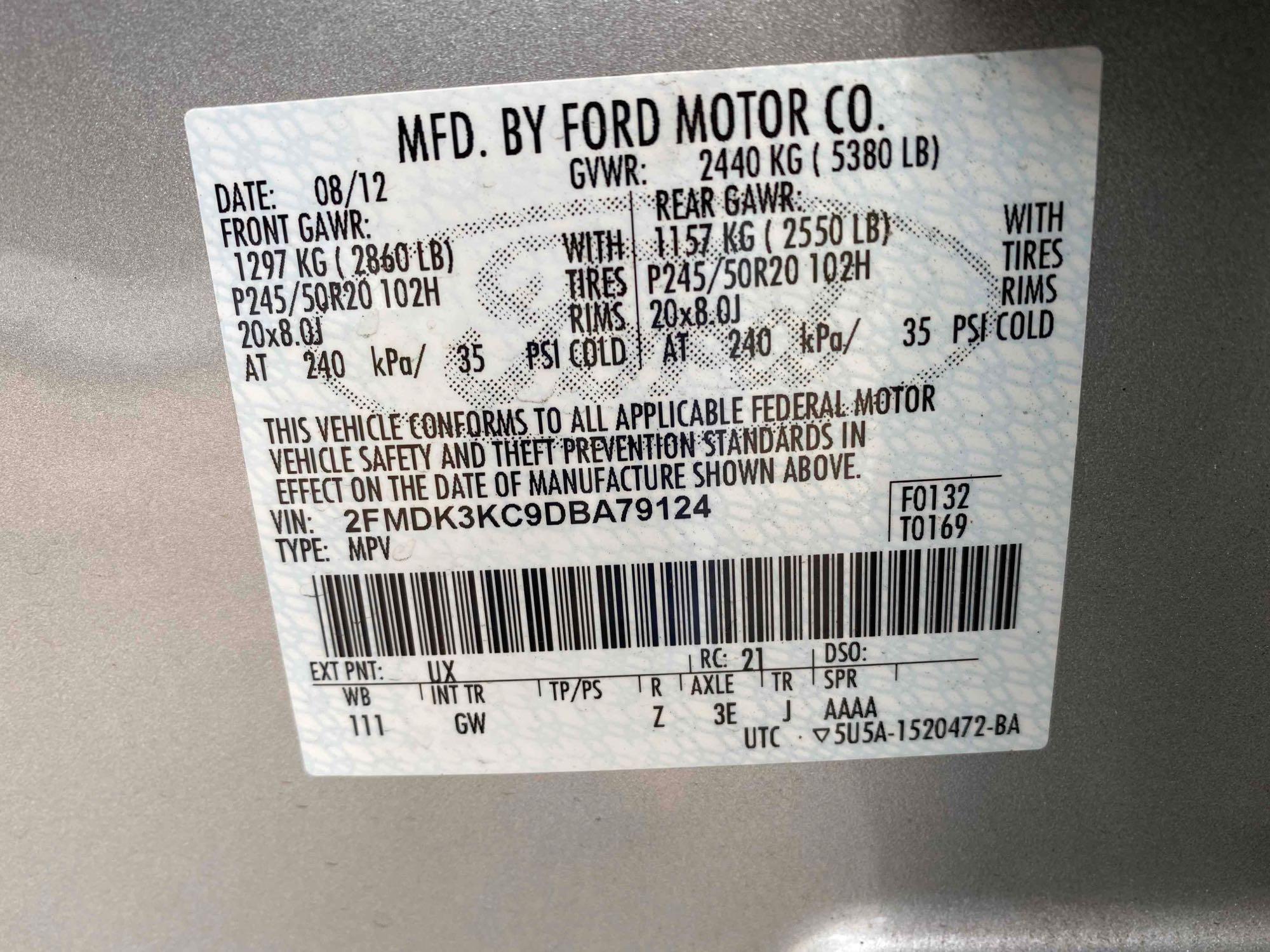 2013 Ford Edge (MPV), VIN # 2FMDK3KC9DBA79124