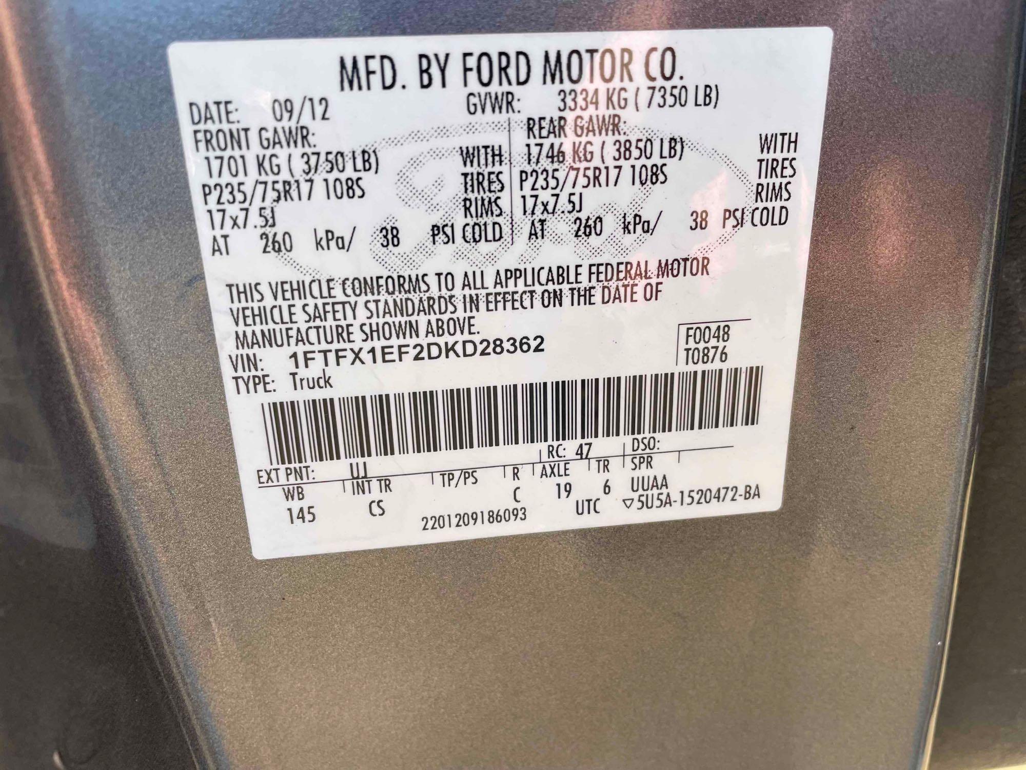 2013 Ford F-150 4X4 Pickup Truck, VIN # 1FTFX1EF2DKD28362