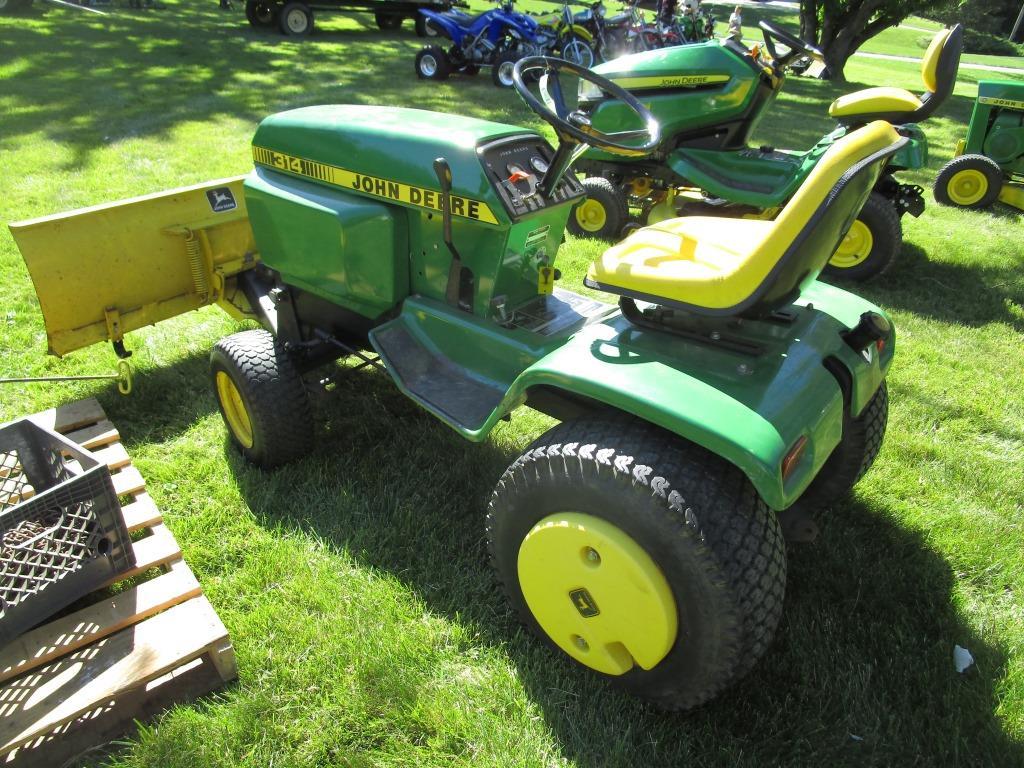 John Deere 314 Tractor w/Blade, Snow Thrower, Weights & Tire Chains - NO RESERVE