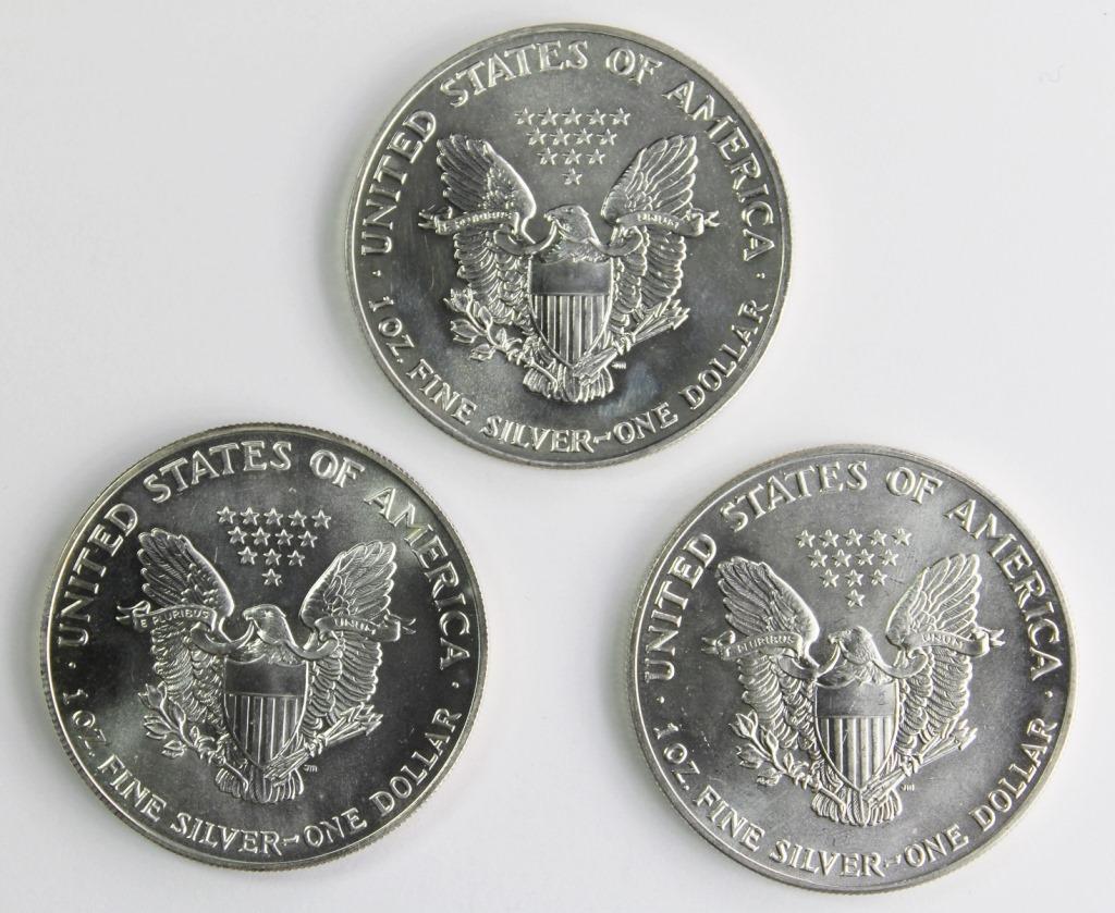 1990, 1992 AND 1993 AMERICAN SILVER EAGLES