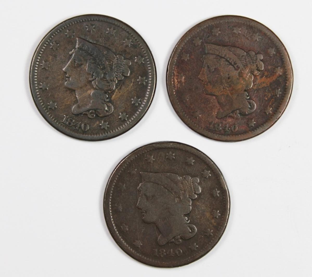 SET OF 3PCS. 1840 LARGE CENTS VG/FINE: