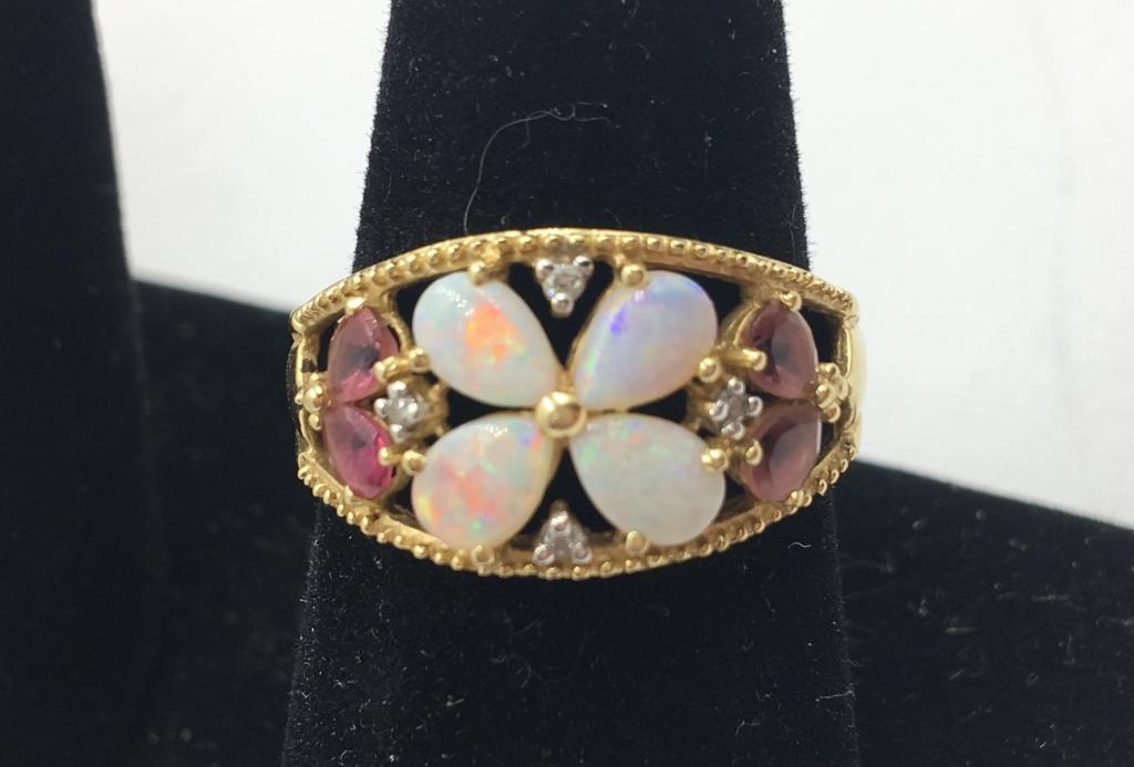 14K Y GOLD OPAL FLOWER RING WITH DIAMOND ACCENTS