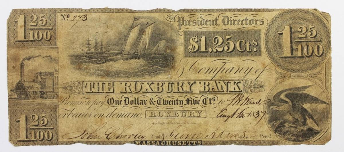 1837 $1.25 FRACTIONAL ROXBURY BANK, MASS.