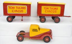 Buddy L Tom Thumb Circus semi tractor with two pup trailers