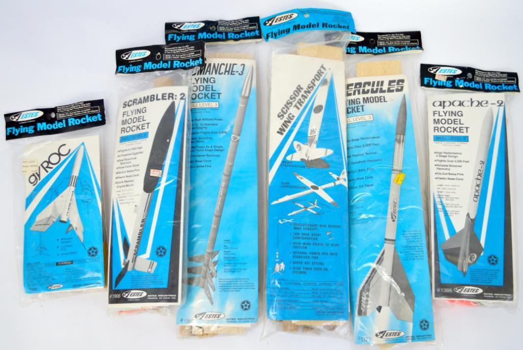 Six Mint Unbuilt Estes Rocket Kits sealed on header cards