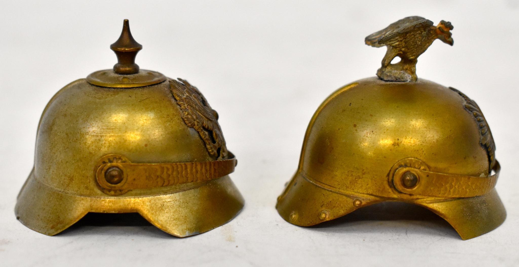 Two WWI German Miniature Metal Pickelhaube Helmets