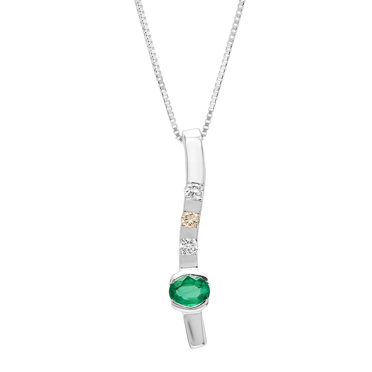 14K White Gold Soft Curved Bar Pendant with Emerald/Diamonds