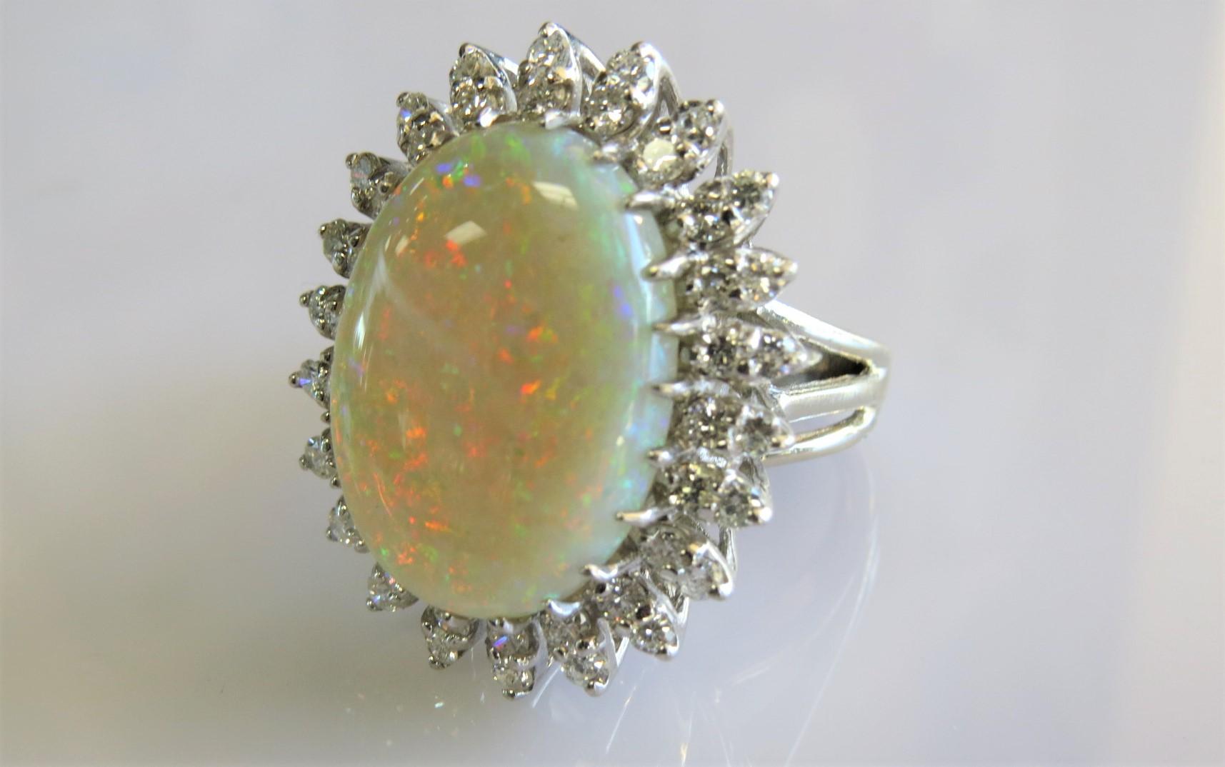 14KT White Gold Diamond and Opal Ring