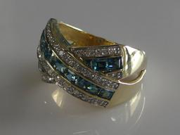 14K Yellow Gold Crisscross Design London Blue Topaz Ring