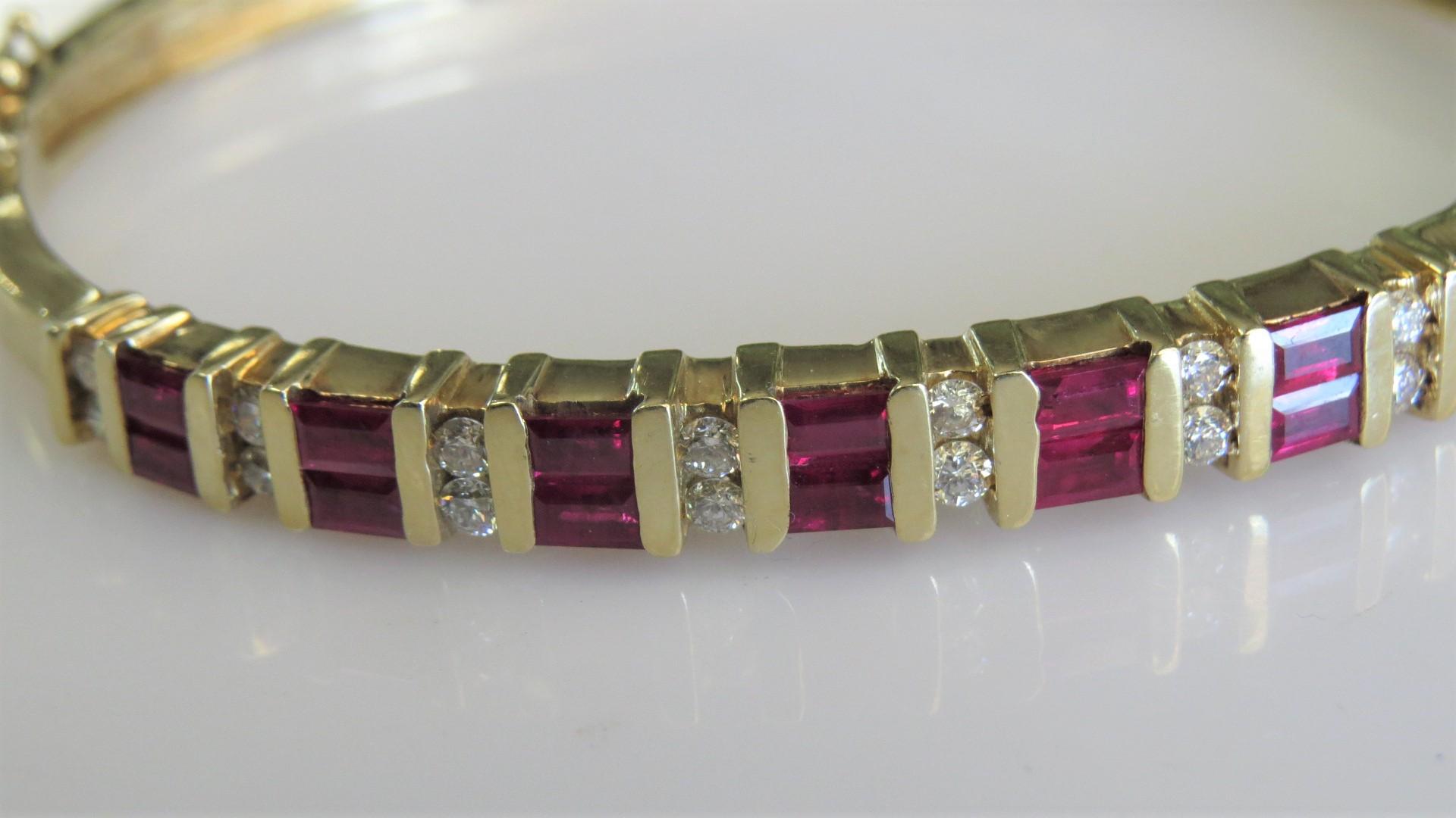 14K Yellow Gold Ruby and Diamond Hinged Bangle Bracelet