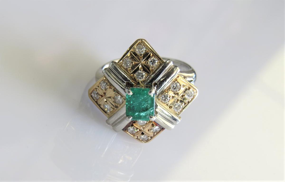 Platinum and 18k Yellow Gold Emerald and Diamond Ring