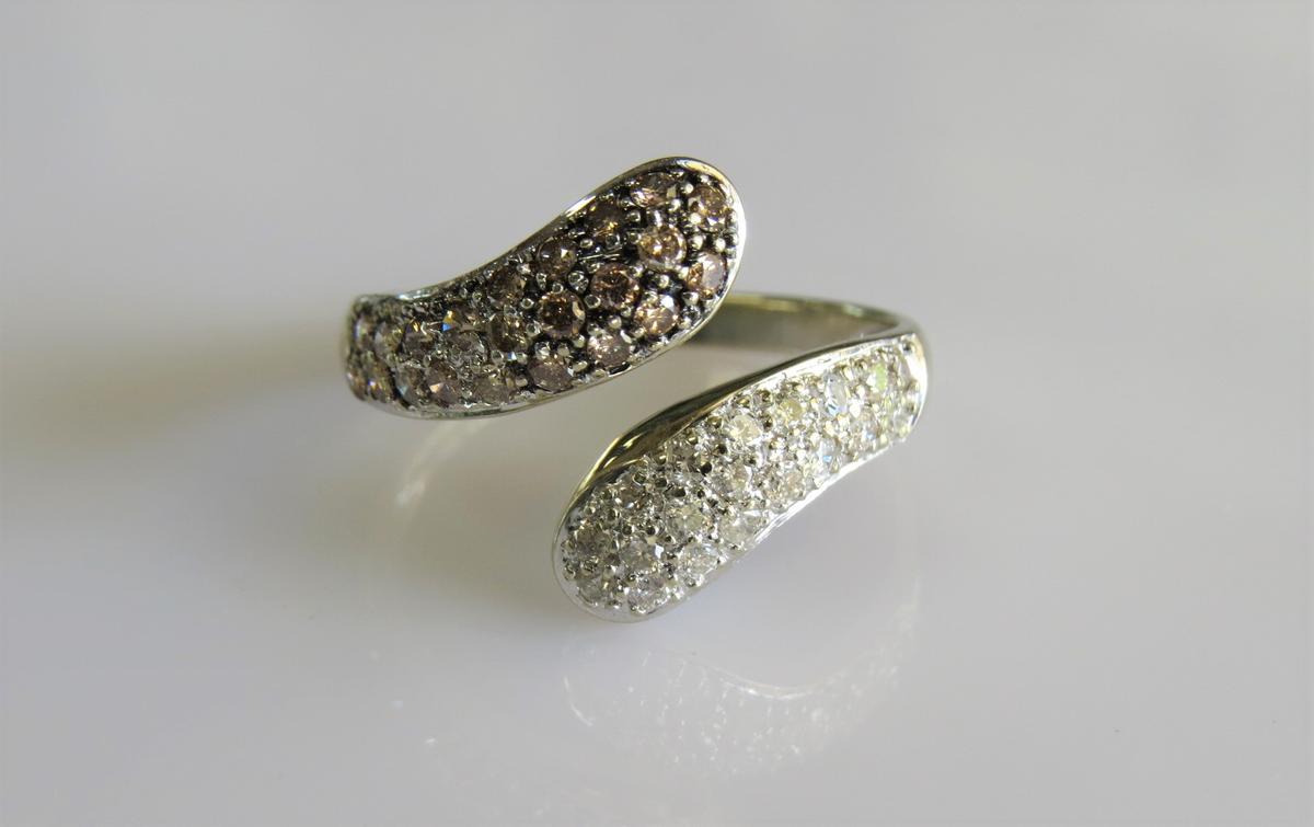 14K White Gold Champagne and White Diamonds Bypass Ring