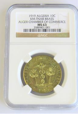 1919 Algeria 10 Centimes Brass NGC MS-63 *Rare*
