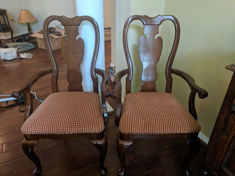 2 Solid Wood and Fabric Dining Room Chairs with Arms